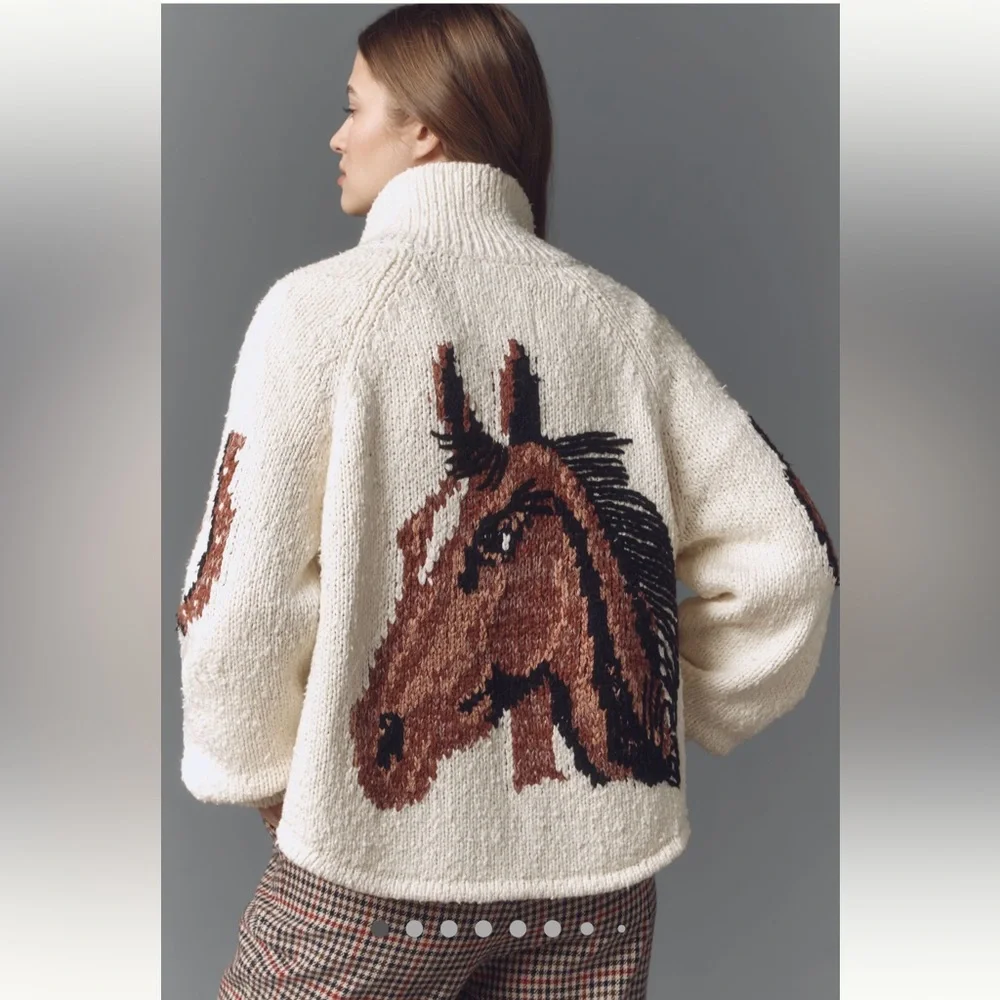 Anthropologie Cream Cardigan Sweater with Brown Horse Intarsia - Picture 1 of 16